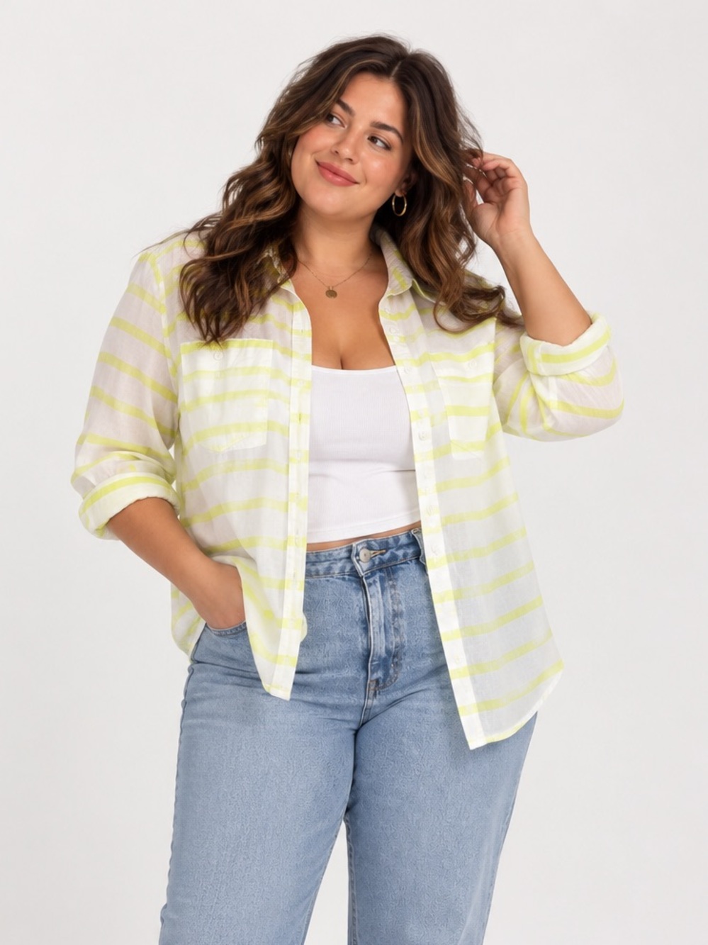 Lane Bryant Striped Cotton Button Up Lightweight Sheer Size 20